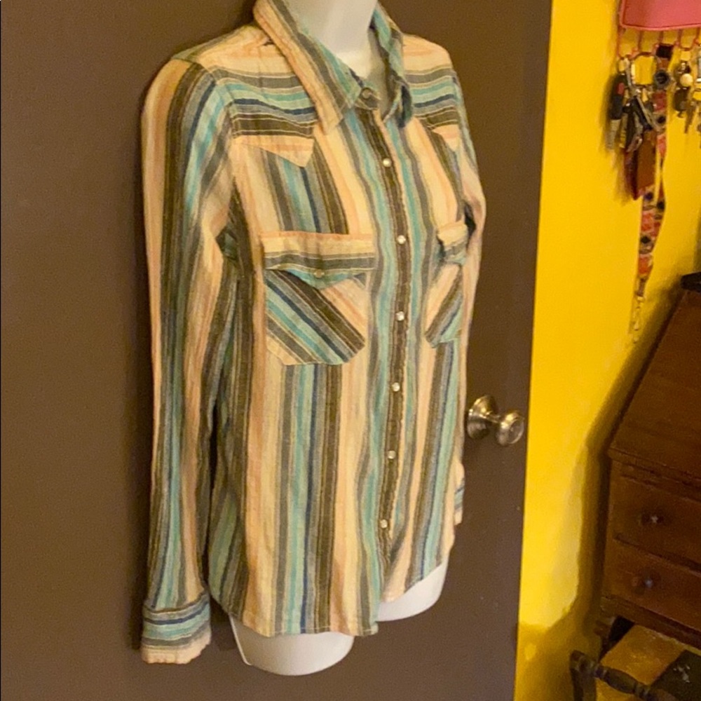 Free People pearly snap up striped snap blue shirt
